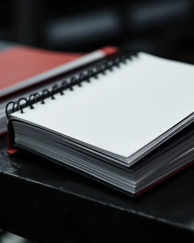 Spiral-bound notebook with black wire binding on a dark workbench, a red cover behind it
