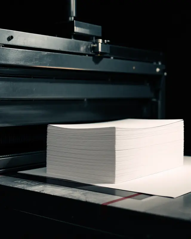 A stack of white paper squared up under a guillotine paper cutter
