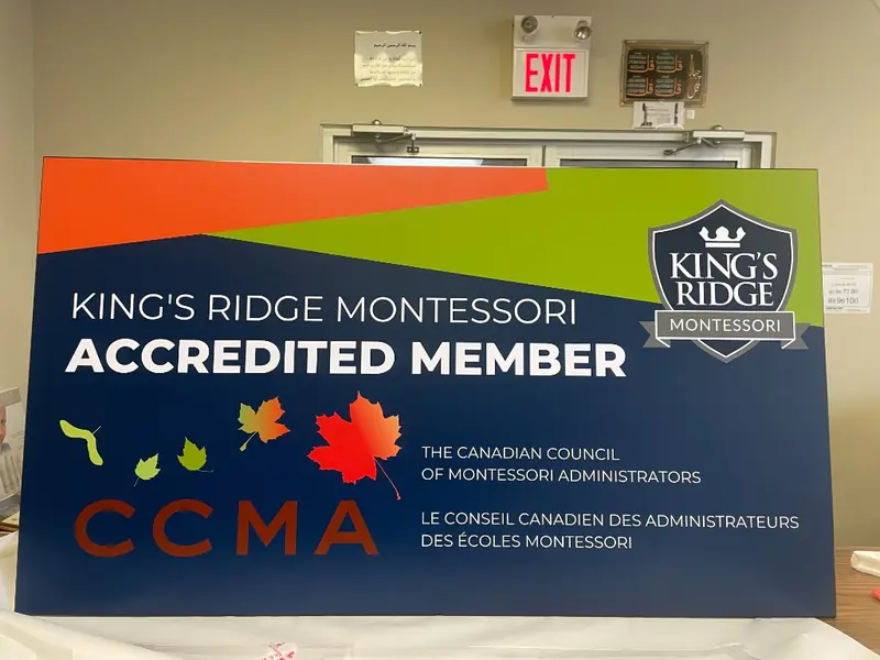 Large-format outdoor sign printed for King's Ridge Montessori